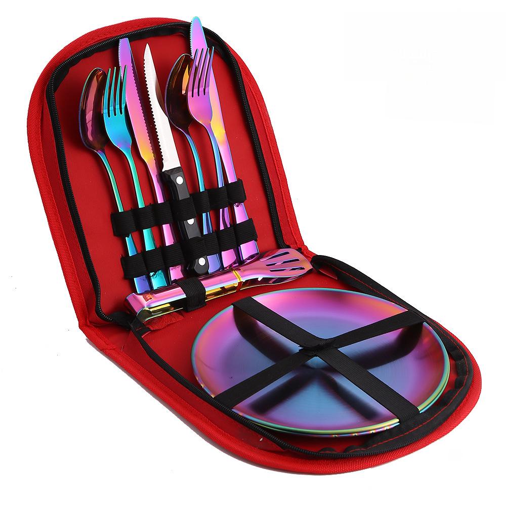 Set de tacâmuri de exterior din oțel inoxidabil cu cuțit, furculiță, lingură și pungă de pânză