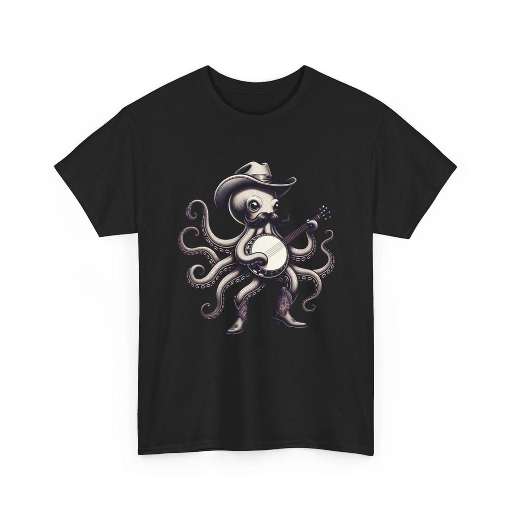 Unisex Adult T Shirt Funny Hillbilly Octopus Cowboy Playing Bluegrass Banjo Tee
