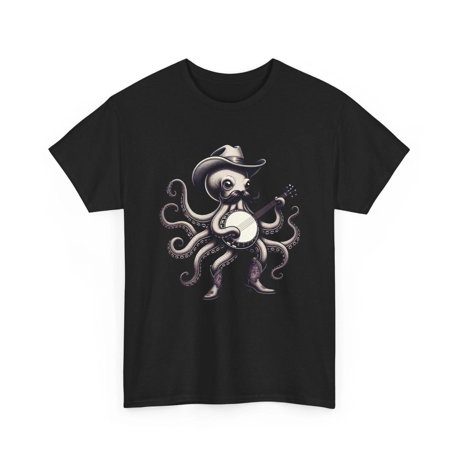 Unisex Adult T Shirt Funny Hillbilly Octopus Cowboy Playing Bluegrass Banjo Tee 3XL