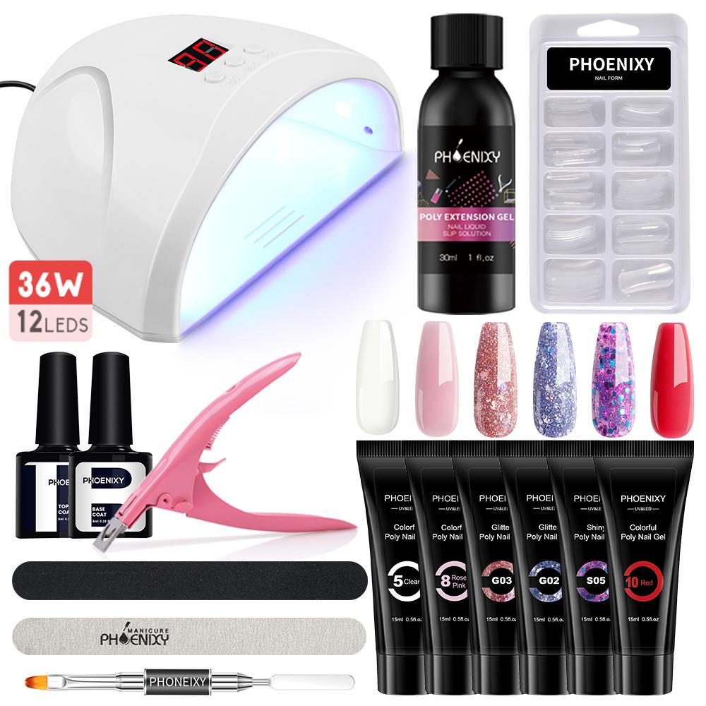 

PHOENIXY, 6 цветов, набор гелей для наращивания ногтей, поли УФ-гель, 36 Вт, комплект ламп для ногтей, инструменты для дизайна ногтей с верхним базовым покрытием, стартовый набор для дизайна ногтей
