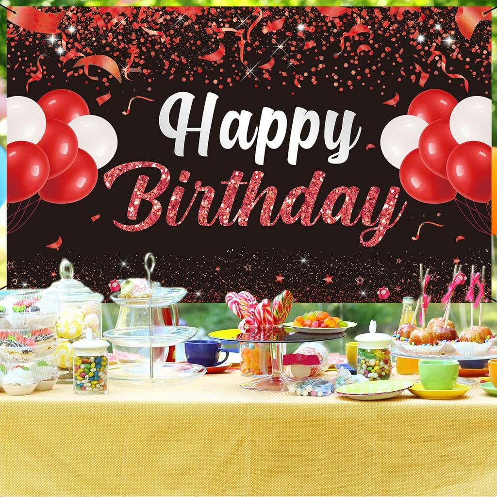 Trgowaul Happy Birthday Banner Backdrop - Red Black Birthday Party Decorations, Birthday Party Supplies Kids Men Women, Bday Gifts Sign Photo Booth