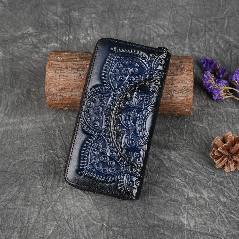 Retro Girl's Wallet Long Hand Bag Women's Leather Handmade Embossed Floral Phone Purse Chinese Style Ladies Card Holder