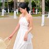Beautiful Sanya seaside photo skirt temperament white neck sling backless dress long holiday beach dress
