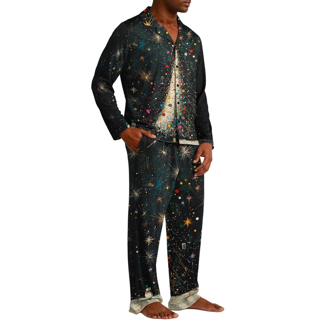 Men's Loose Fit Christmas Print Pajama Set with Button Down Top and Straight Leg Pants - Two Piece Holiday Sleepwear