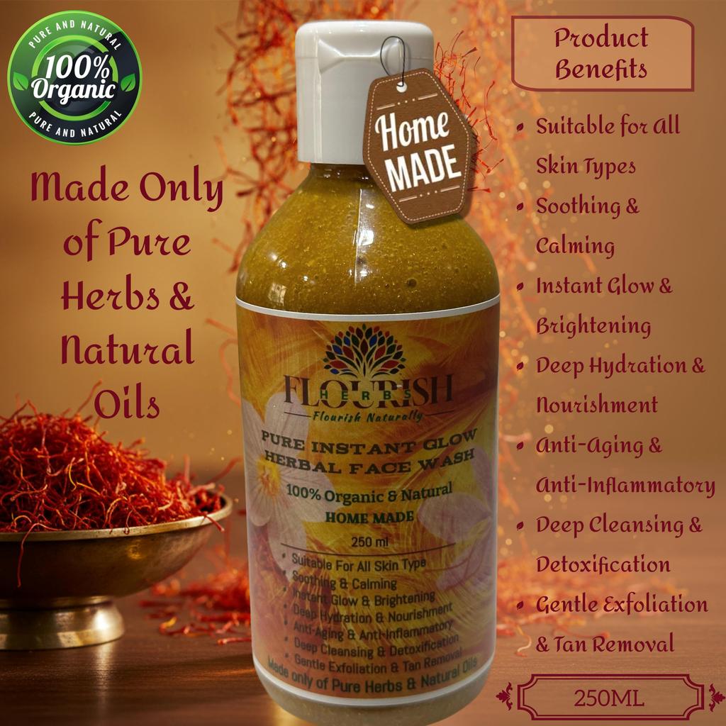 FLOURISH HERBS Instant Glow Herbal Face Wash (with Pure Saffron, Brightening Clay, Gold Dust, Rice, Wild Turmeric, Sandalwood, Licorice, Coffee, Al