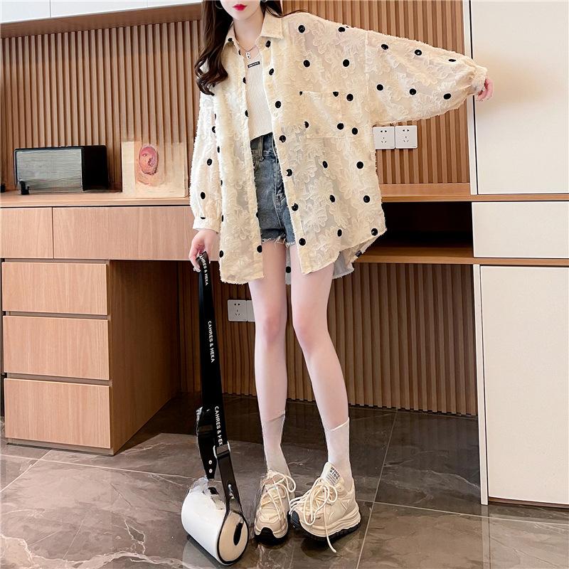 

Большого размера, Тонкая солнцезащитная одежда с кисточками в горошек, Свободная рубашка для весны и осени, Стиль средней длины 2XL абрикосовый