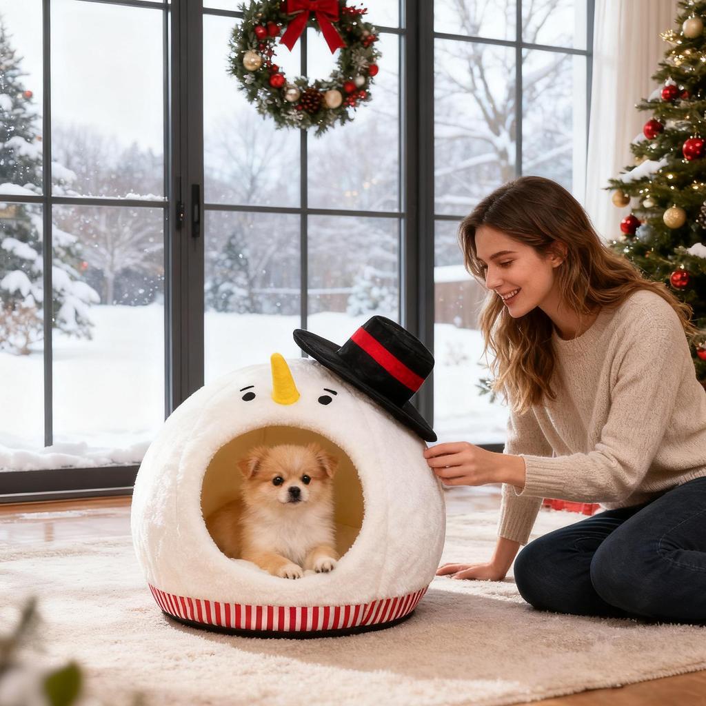 Cat Nest Bed Cute Soft Snowman-Shaped Pet Furniture With Washable Mat Cute Cat Bed For Indoor Winter Travel Car RV Camping Desk