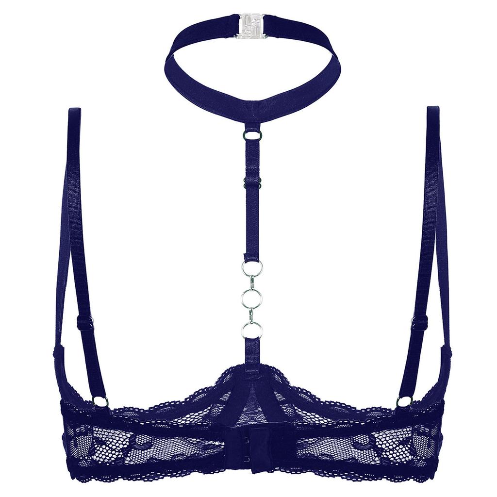 Womens 1/4 Cups Underwire Bra Halter Neck O Ring Sheer Lace Push Up Brassiere Lingerie Underwear
