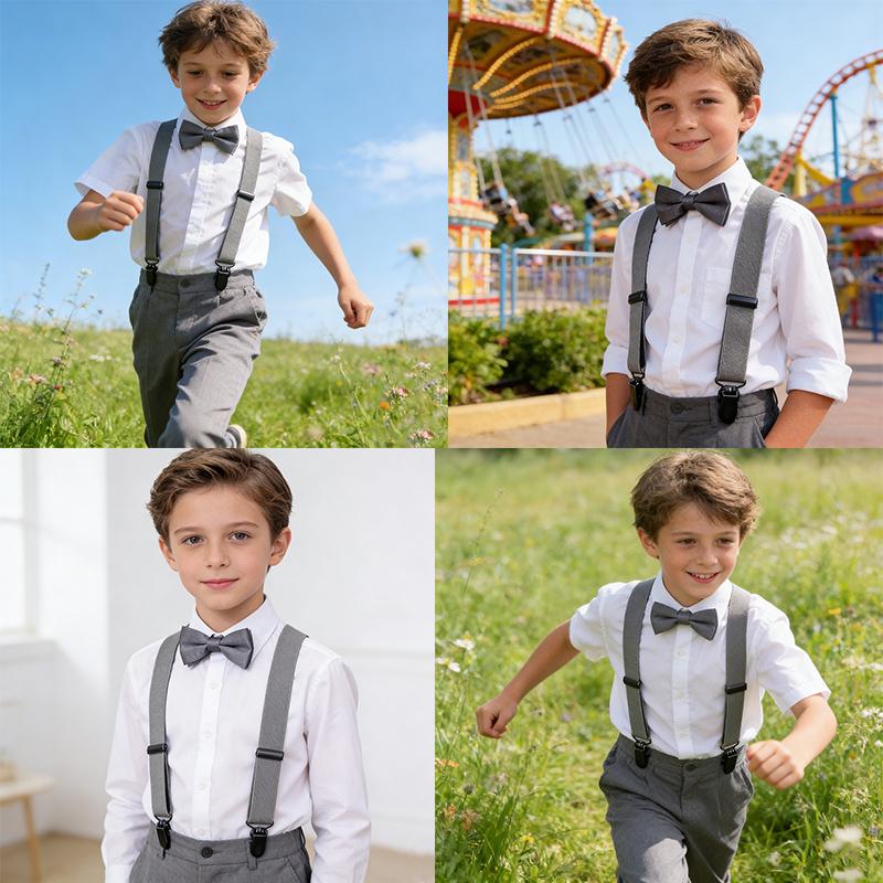 Kids 3 Clips Suspenders Bow Tie Set Adjustable Elastic Braces for Boys Girls