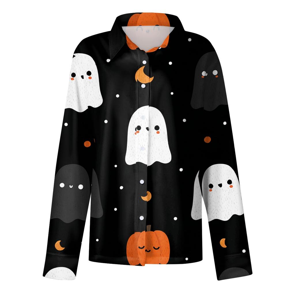 Women's Halloween Printed Casual Half-Open Collar Long Sleeve Shirt