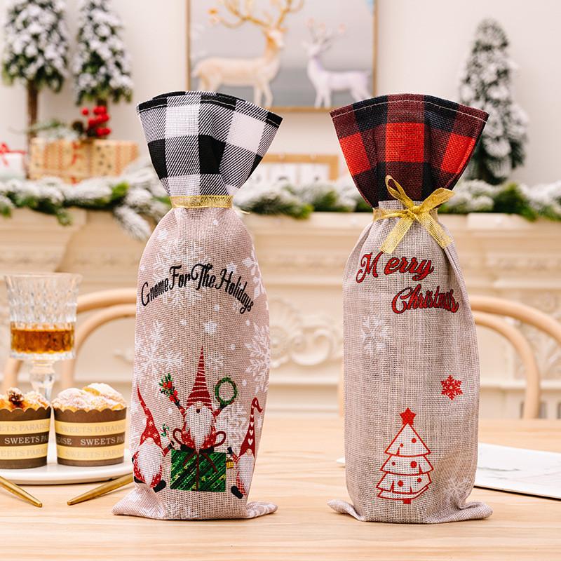 Saco para Garrafa de Vinho de Tecido Floresta de Natal com Cordão para Embalagem de Presente de Feriado