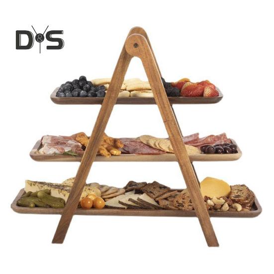 Tavă de servire din lemn cu 3 niveluri, suport pentru brioșe, asamblare ușoară, platou decorativ ușor din lemn, tavă rustică, pentru petreceri și acasă