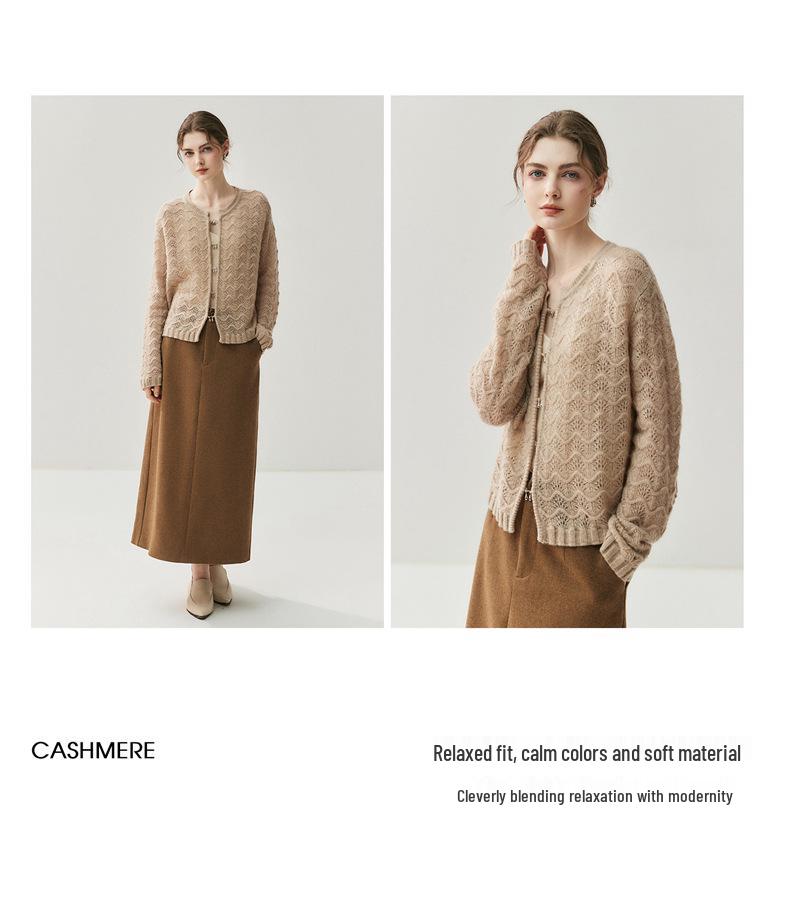 2025 A/W Women's Thick Knit Cashmere Cardigan – Hollow Round Neck Versatile Sweater