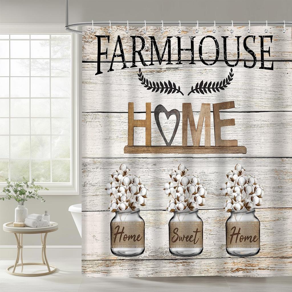 Rustic Sweet Love Home Fabric Shower Curtain, Farmhouse Country Vintage Wood Plank Cotton Shower Curtains for Bathroom Decor, Wa