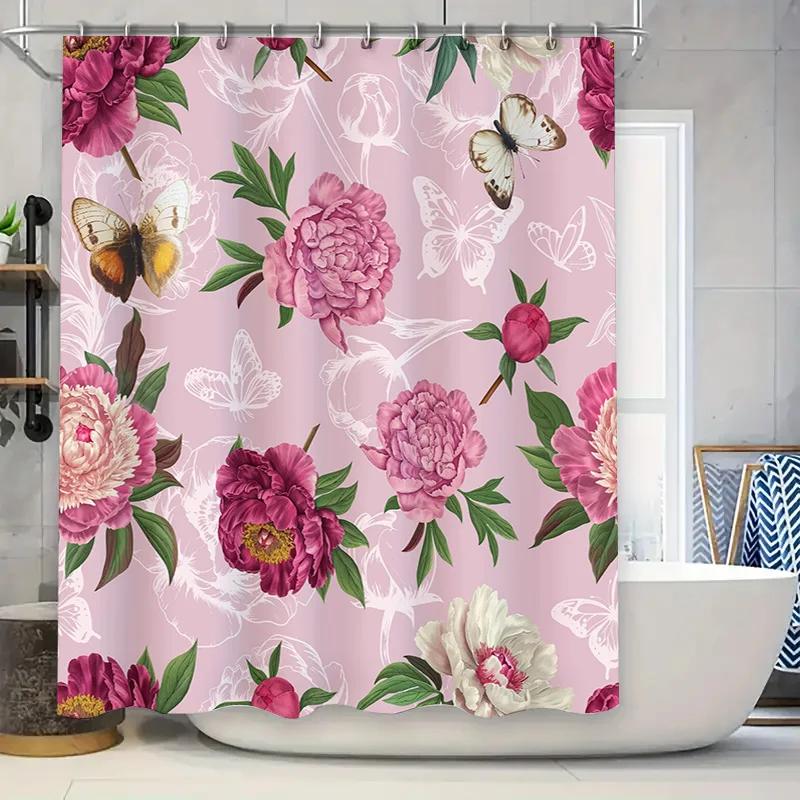 

Delightful Floral Print Shower Curtain Waterproof Bathroom Decor Home Decoration In Pink With Butterfly Design! W60H190(CM)-1 Pcs