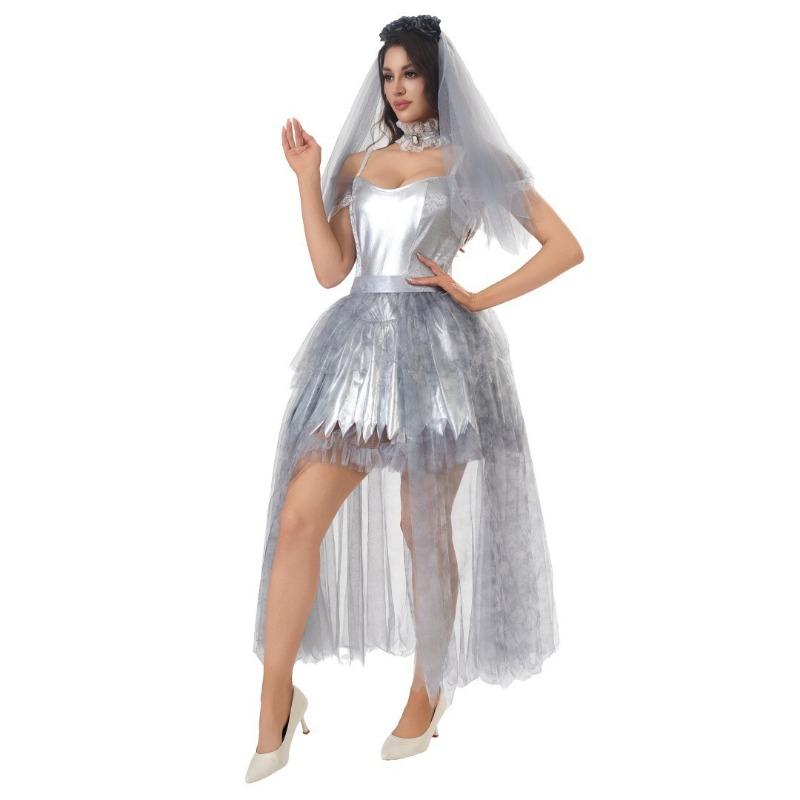 

Хэллоуин готский черно-белый костюм призрачной невесты косплей костюм сетчатое платье XL белый