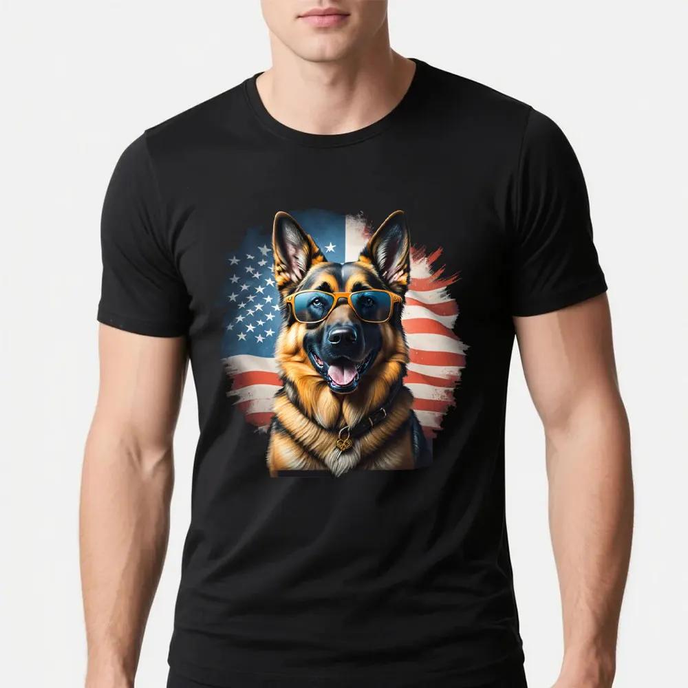 Patriotic Black German Shepherd Men Tshirt American Flag Dog Gifts TShirt Summer Fashion Breathable Retro Street Man Tops