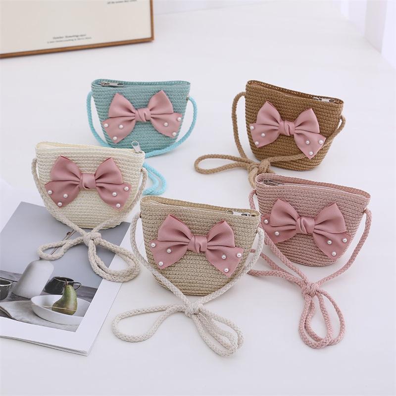 3-8 Years Little Girl Beach Straw Hat And Bag 2pcs Set Summer Travel Princess Bowknot Children's Sun Cap