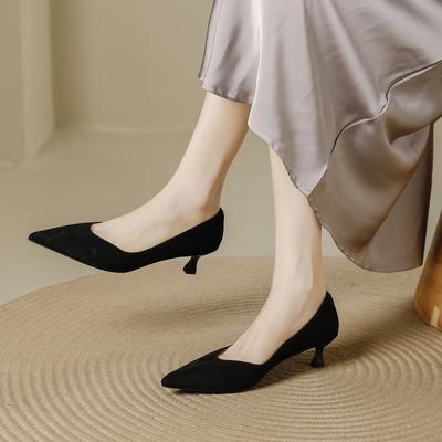 French Shallow Mouth Pointed High Heels Women's Spring and Autumn 2025 New Kitten Heel Comfortable Soft Leather Commuter Work Shoes