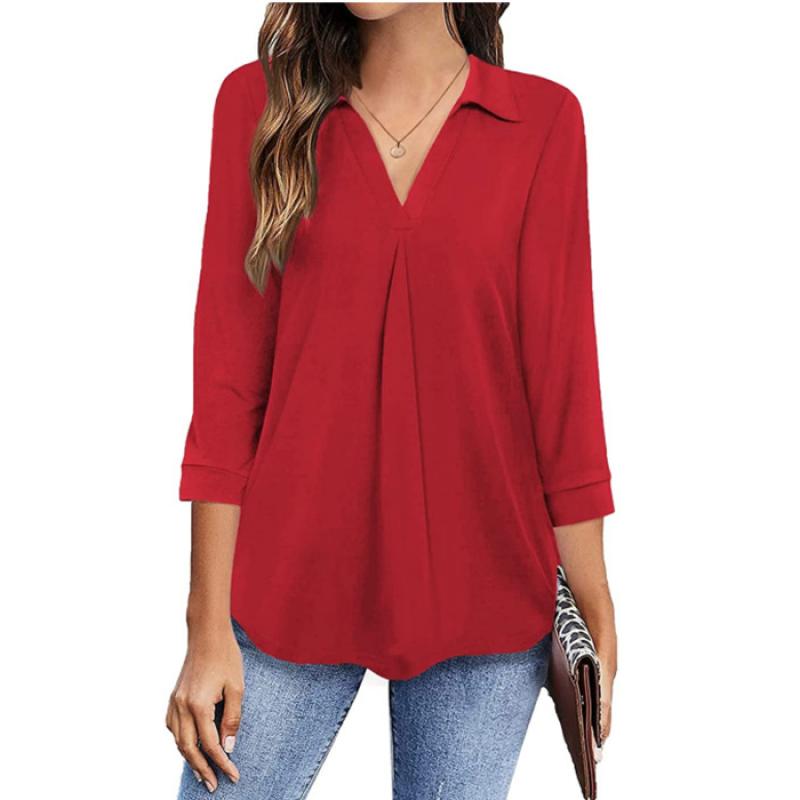 2025 Spring Autumn Women's Chiffon Blouse, Notched Lapel V-Neck Three-Quarter Sleeve Shirt, Loose Fit Solid Color Office Casual Top For Workwear