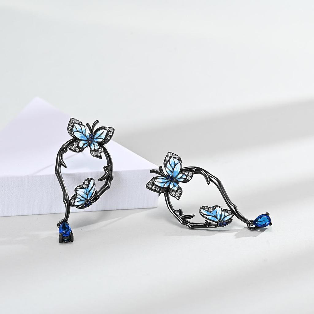 Black Gold Butterfly Ring & Detachable Earrings Set for Women