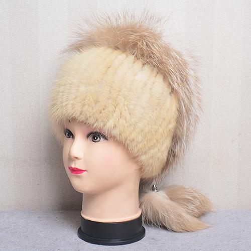 Hot Sale Real Mink Fur Hat For Winter Women Imported Knitted Mink Cap With Fox Fur High Quality Women Warm Real Fur Beanies Hat