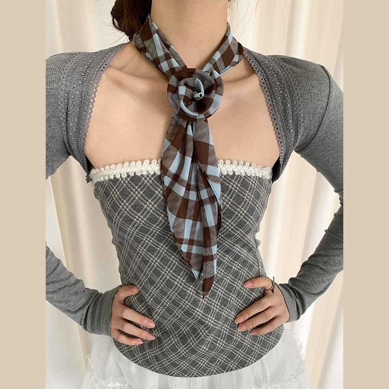 Wave Point Flower Silk Scarf Vintage Plaid Scarf Women's Spring New Collection Neck Strap Korean Small Scarf Decorative Muffler
