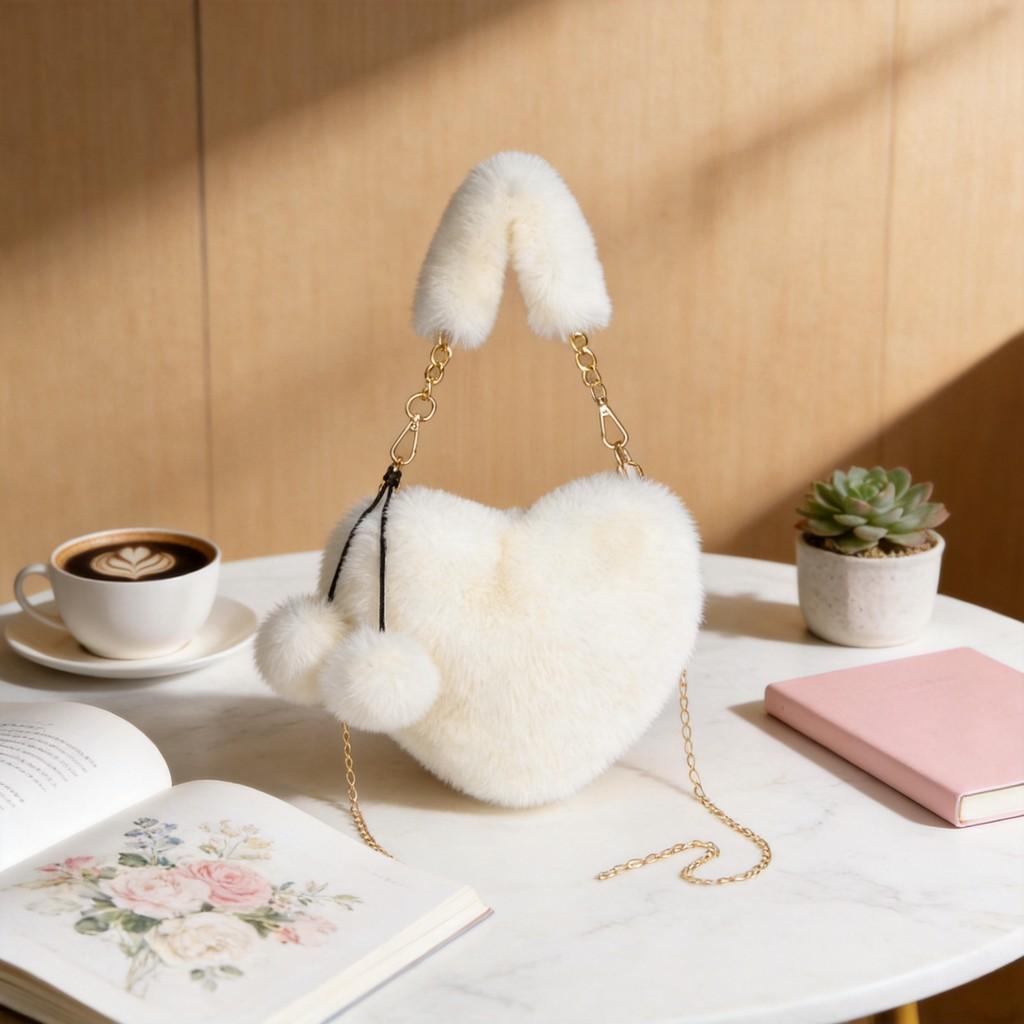 Plush Heartshaped Handbag For Women With Chain Strap And Large Capacity For Daily Use