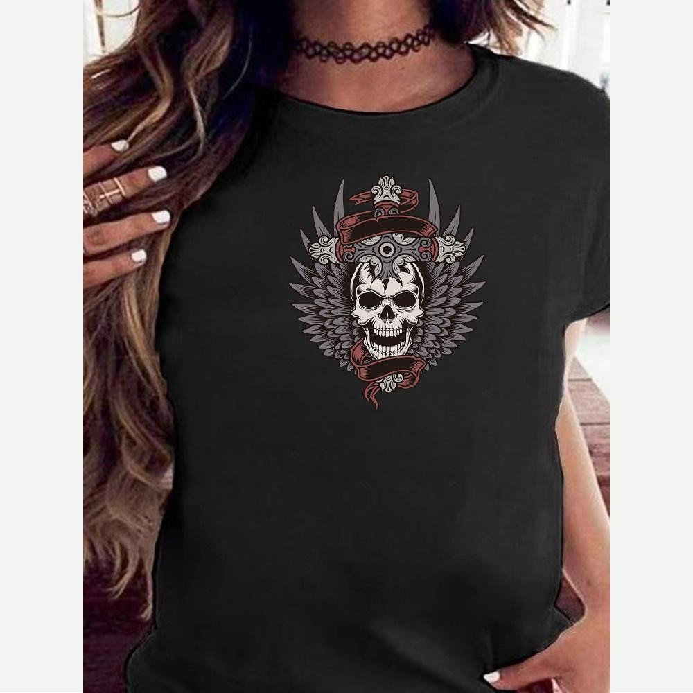 2023 Fashion Trend New T-shirt Skull Printed Female O-neck T Shirt Casual Harajuku Crew Neck  Ladies Tshirt Hip Hop Streetwear
