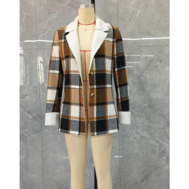 Giacca da Donna Moda Autunnale Fantasia a Quadri Collo a Tacche Manica Lunga Blazer Chiusura a Bottoni Foderata in Pile Cappotto Casual Quotidiano