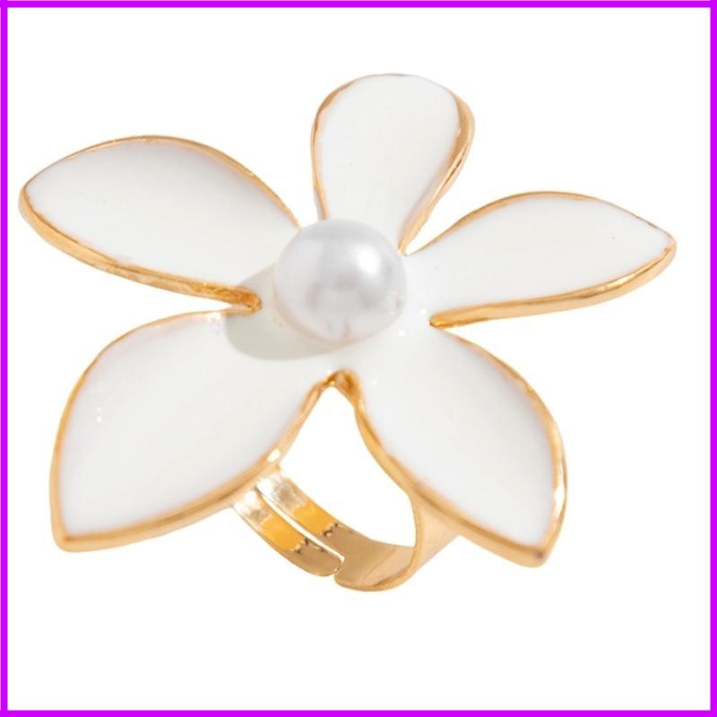 Exaggerated Fashion Statement Ring Flower and Pearls Wedding Finger Ring Handmade Jewelry for Parties