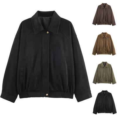Women's Faux Suede Button Jacket Oversized Gathered Hem Short Length Coat Casual Vintage Outerwear With Pockets