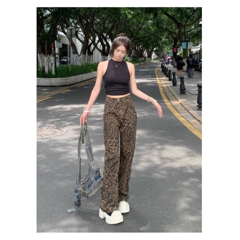 New Fashion Leopard Print Retro Women's Pants Elegant Casual Wide-leg High Street Straight Jeans Spring Autumn Casual Long Pants Loose Trousers 2215
