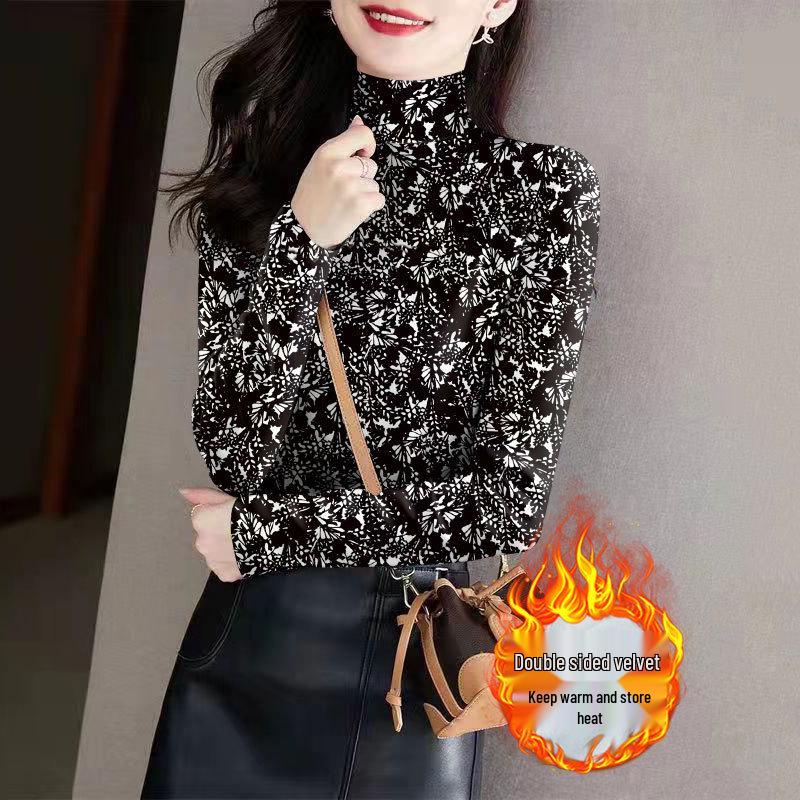 

Stylish Floral High Neck Fleece Base Layer for Mid-Aged and Elderly - Warm Long Sleeve T-shirt for Autumn/Winter XL