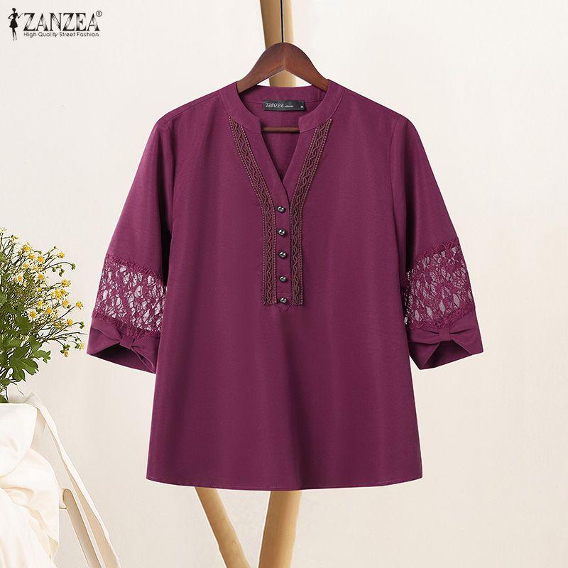 ZANZEA Women Lace Splice 3/4 Sleeve Casual V-Neck Blouse