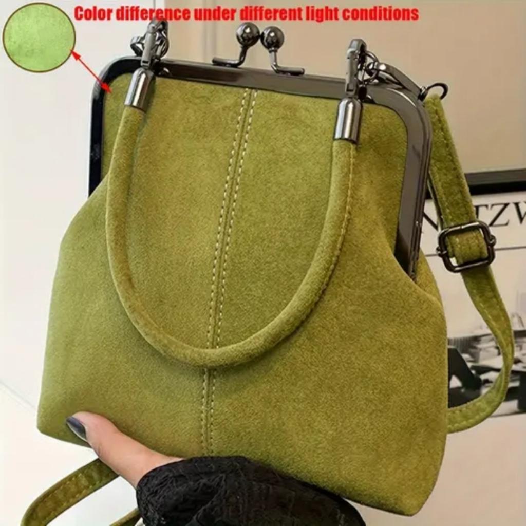 Damen Retro Crossbody-Tasche aus Wildlederimitat, Elegante Schultertasche mit Kontrastfarbe und Bügelverschluss, Abnehmbarer Schultergurt, Kleine Handtasche, Alltags-Handtasche