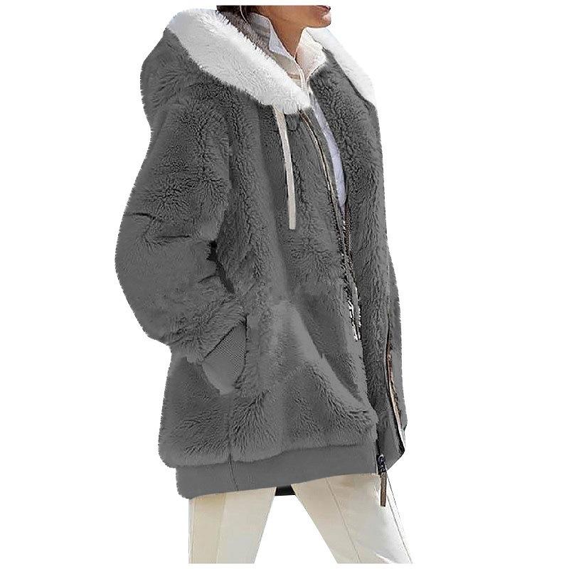 Cross-border Amazon explosion Europe, America 2024 autumn and winter loose plush long-sleeved zipper pocket hooded warm jacket women