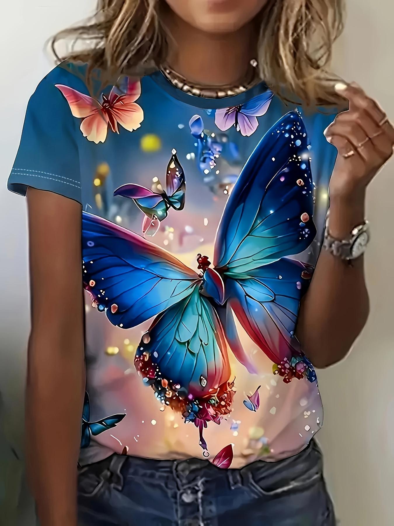 Women s T-shirt - Shining butterfly pattern, vibrant rainbow print design XS