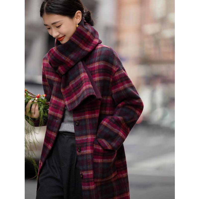 Demana Women's Plaid Double-Sided Wool Blend Winter Coat with Tassel Scarf