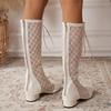 Stylish Summer Tall Boots Knee High Women Square Toe Lace Up Mesh Gladiator Sandals Block Low Heel Zipper Shoes