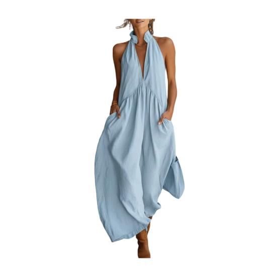 Maxikleid für Damen Lässig Locker V-Ausschnitt Ärmellos Boho Langkleid Strandurlaub Fließendes Sommerkleid mit Taschen