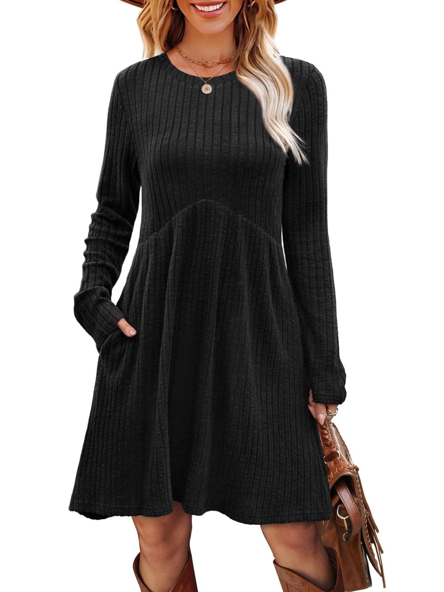

2025 Autumn Women s Long Knitted Dress with Belt and Pockets - Elegant High Waist Round Neck Design S чорний