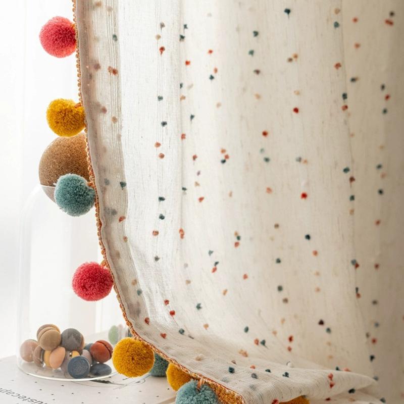 1 Paar Leuke Regenboog Haakbal Geborduurd Doorzichtig Tule Gordijn met Pompom Kwastjes Kant Voor Woonkamer Kinderkamer Huisdecoratie W107 x H160cm 2Piece&Rod Pocket Pocket