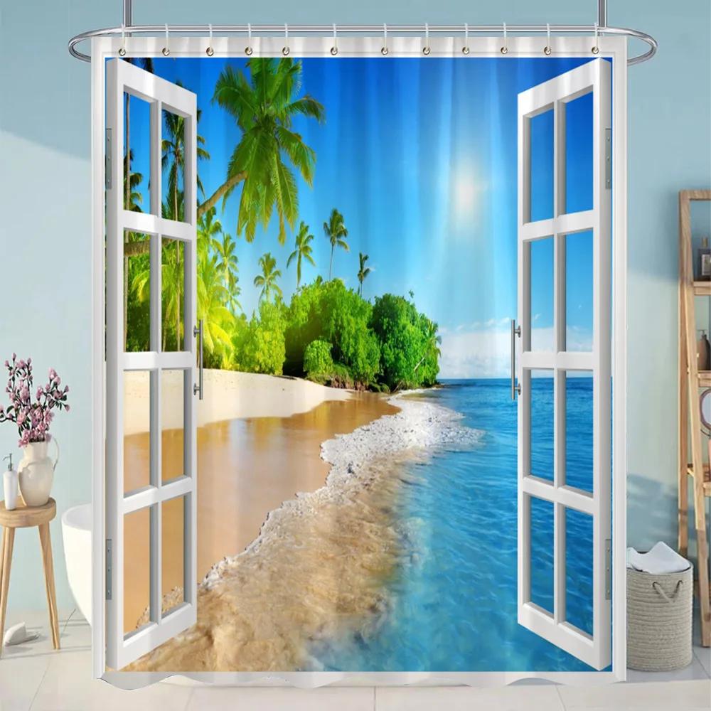 Simulation Window Beach Forest Outdoor Shower Curtain Tropical Seaside Landscape Bohemian Cloth Hanging Curtains Bathroom Decor
