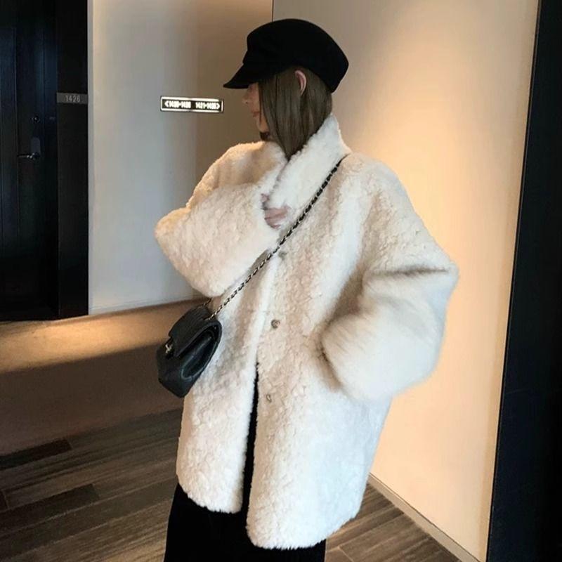 Autumn Winter Lazy Wind Midi Faux Fur Integrated Hair Solid Flip Collar Fashion Thermal Women Loose Comfortable Casual Coat 2024