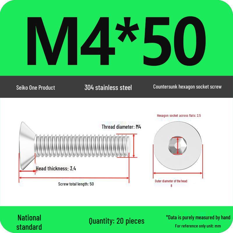 M2-M10 Stainless Steel Flat Head Machine Screws and Bolts Set, Countersunk Hex Socket Cap, 304 Grade.