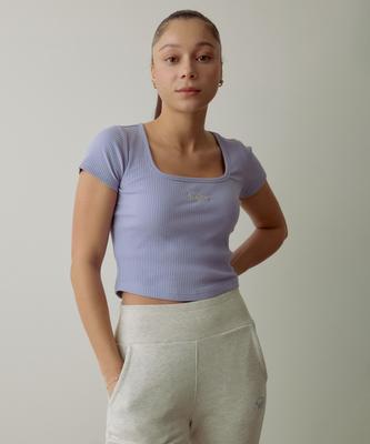 Empebeu Ribbed Deep Neck Crop Short Sleeve Misty Blue