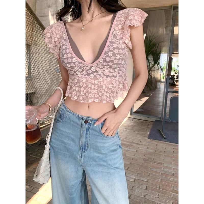 Women's Pink Lace V-Neck Crop Top Ruffle Short Sleeve Sheer Casual Fashion Blouse