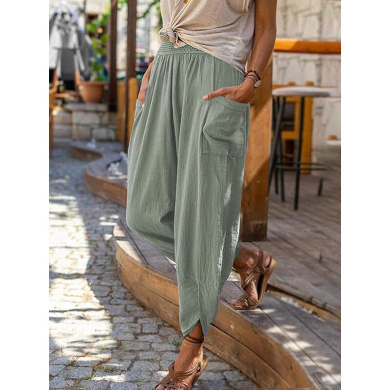 New Women's Cotton Linen Wide Leg Pants, Loose Fit Casual Joggers with Side Pockets and Elastic Cuffs for Spring Summer Beach Wear