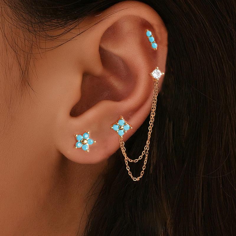 3PCS Vintage Zircon Flower Stud Earring Set For Women Stainless Steel Double Studs Chain Tassel Piercing Earring Fashion Jewelry